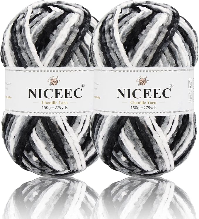 NICEEC 2 Skeins Soft Chenille Yarn Blanket Yarn for Knitting Fancy Yarn for Crochet Weaving DIY Craft Total Length 2×255m (2×279yds, 2×150g)_Black White Gray