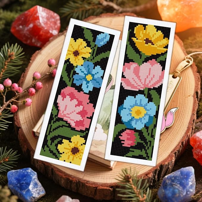 ORIGACH 6 Set Dark Background Flower Cross Stitch Bookmark Kit for Beginners Stamped Embroidery Kit Include Backing Felt and Instruction Beginner Cross Stitch Kits for Adults, Book Lovers