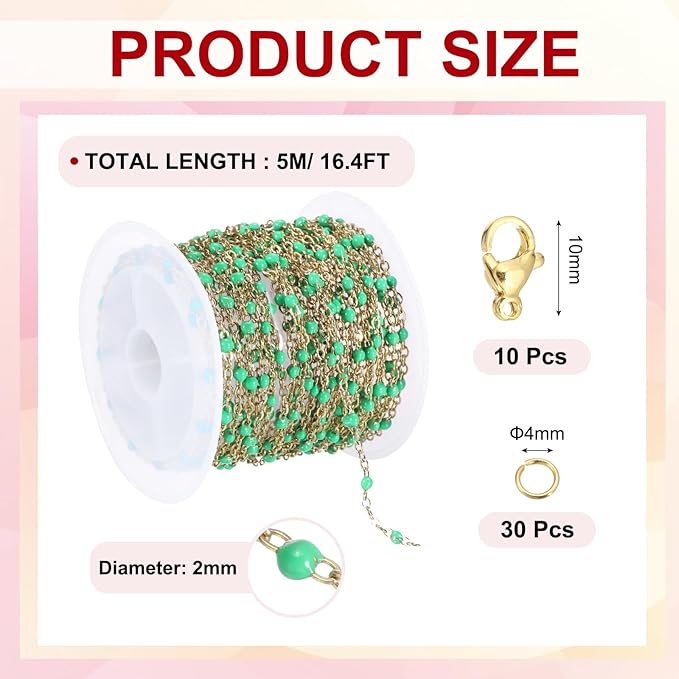 MECCANIXITY Stainless Steel Bead Chain, 16.4 Feet/5M Enamel Beaded Jewelry Link Cable Chains Spool Kit for Jewelry Making, Necklace, Bracelets, DIY Crafts (Gold/Green, Pack of 1)
