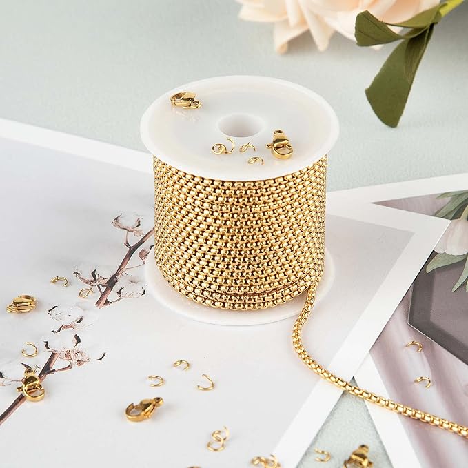KYUNHOO 16.4 Feet Gold Plated Rolo Chain Spool 304 Stainless Steel Chain for Jewelry Making Beaded Box Link Chain Bulk for Necklace Bracelet DIY with Jump Rings and Lobster Clasps