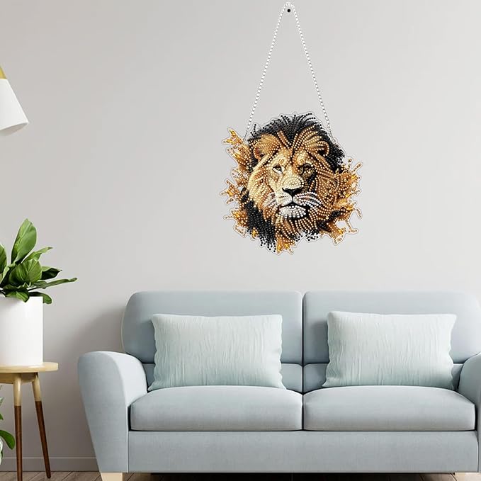 Genius maker Lion Diamond Art Hanging Kits for Adults, Animal Diamond Painting Pendant Kits, DIY Acrylic 5D Special Shaped Crystal Diamonds Gem Art Painting Ornament for Home Wall Decor Gift 8x8 Inch