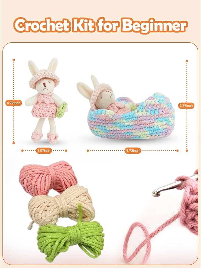 Lmrbelec Crochet Kit for Beginners, Crochet Animals Kit for Kids Adults, Rabbit Cradle Knitting Kit with Soft Yarn, Crochet Hook & Step-by-Step Video Tutorials, Crafts & Gift for Teen Girls
