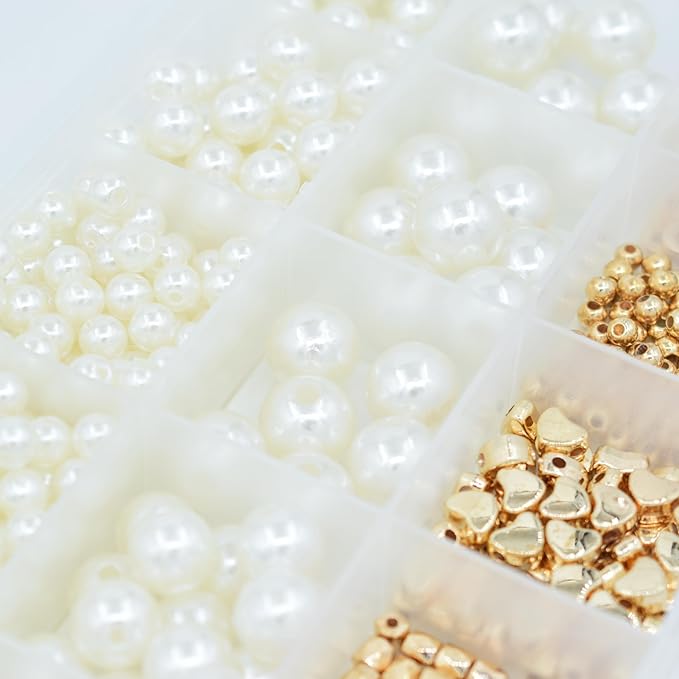 Frhrfhe Pearl Beads for Bracelets, 720pcs Ivory Faux Fake Pearls Gold Spacer Bracelet Making Kit with Hole for Adult, Friendship Bracelet Kits, Small Pearl & Gold Beads, Jewelry Making Kit