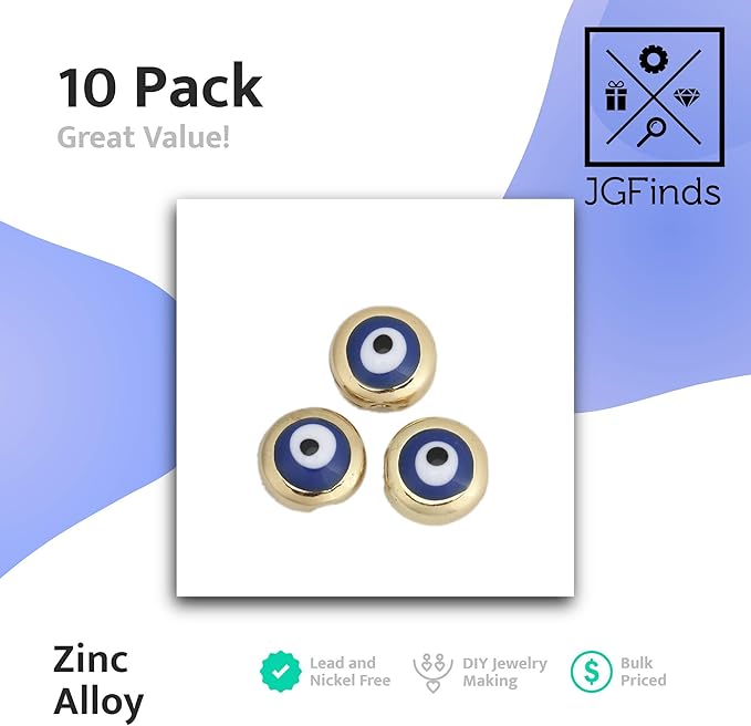 JGFinds Evil Eye Spacer Bead Charms - 10 Pack of Blue/Gold Tone Jewelry Making Supplies (Blue)