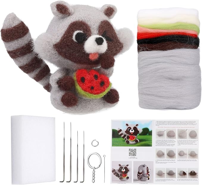 JUPEAN Needle Felting Kit Needle Felting Supplies Raccoon Animal with Wool Roving, Felting Needles, Foam Mat for DIY Feltings Wool Projects
