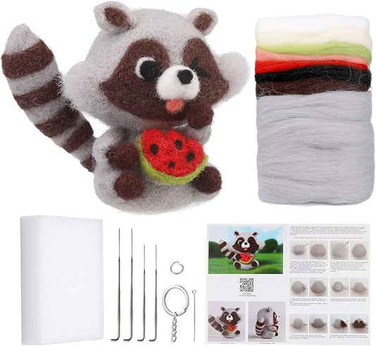 JUPEAN Needle Felting Kit Needle Felting Supplies Raccoon Animal with Wool Roving, Felting Needles, Foam Mat for DIY Feltings Wool Projects