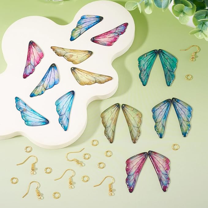 FASHEWELRY 16Pcs Resin Butterfly Wing Charms Yellow Pink Blue Feather Earring Charms Transparent Glitter Insect Wings Pendants with Jump Rings Earrings Hooks for DIY Earring Jewelry Making