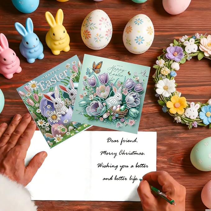 12 Pack 5D DIY Diamond Painting Greeting Card Kit, Diamond Art Birthday Holiday Greeting Card, Art Crafts Kit Creative Gift with Envelope (Easter Bunny A)