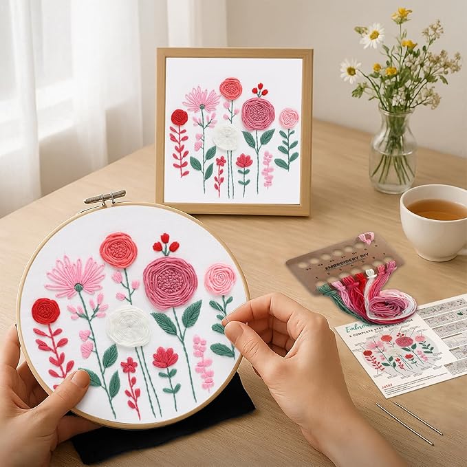 Nuberlic Embroidery Kit for Beginners -Floral Easy Embroidery Kits for Adults Starter Cross Stitch Kit DIY Needlepoint with Step-by-Step Instruction