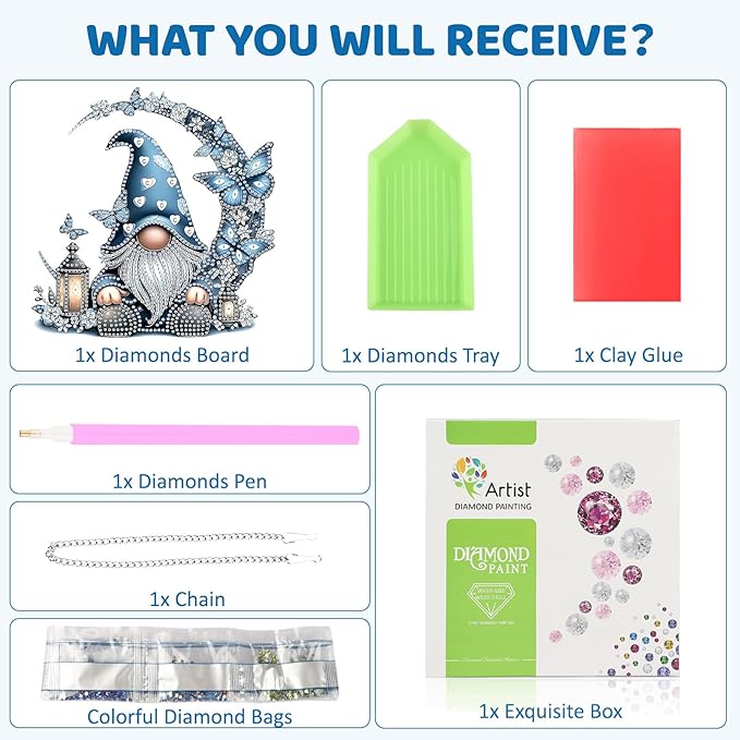 MEIYUDA Gnome Diamond Art Hanging Kits for Adult, Moon Gnome Diamond Painting Hanging Kits Ornaments, DIY Special Shaped Rhinestone Window Pendants Kit for Home Garden Wall Decor Gift