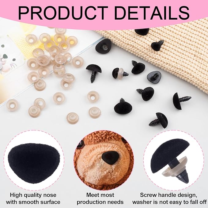 CustomyLife 32pcs Safety Noses for Amigurumi, 11/15/17/18mm Plastic Doll Noses for Crochet, Flocking Teddy Bear Noses Stuffed with Washers for Craft Puppet Plush Toy Accessories- Black