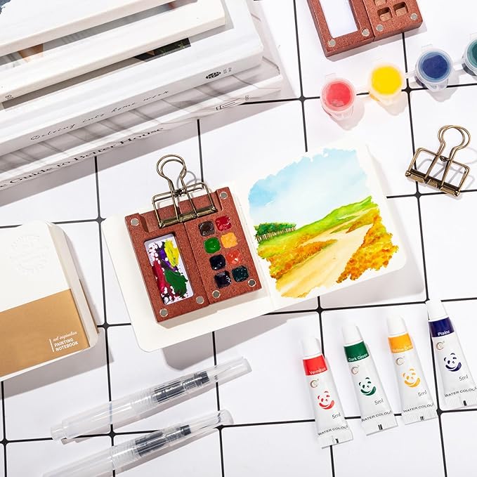 Mini Watercolor Paint Set, Portable Travel Watercolor Kit with 12 Colors, 2Pcs Wooden Palette, 2 Sketchbook & Metal Clip, 4 Brushes - Pocket Art Supplies for Artists, Adults, Beginners & Outdoor Paint