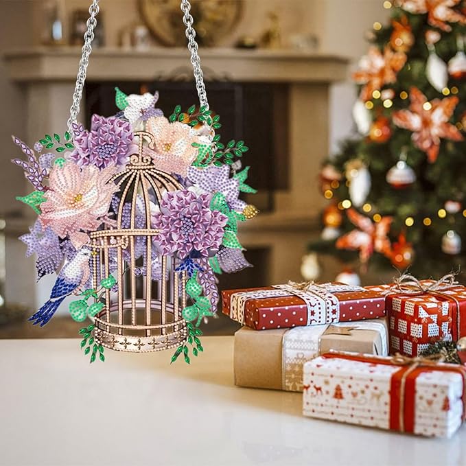 Flower Birdcage Design DIY Diamond Art Painting Wreath Kits Special Shaped Rhinestone Diamond Art Window Pendants Home Garden Wall Hanging Kits (Single Side Point Drill) (#11-Cat) (#02-Flower)