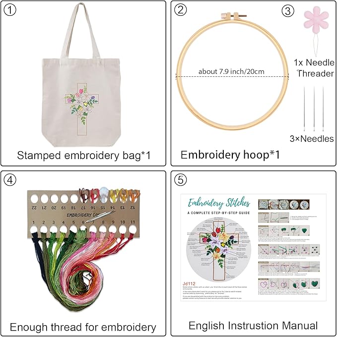 louise maelys cross lily embroidery kit canvas tote bag for beginners,cross stitch kits for adults,diy crafts needlepoint include easter jesus pattern,women shopping reusable grocery bags