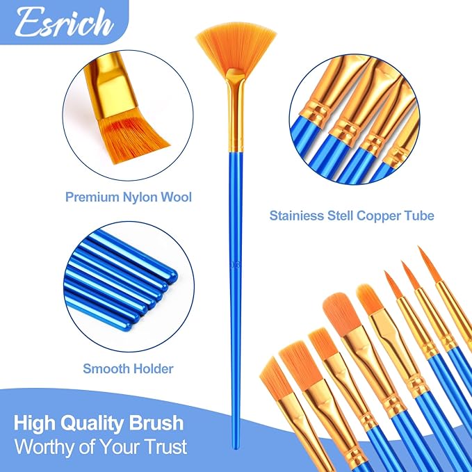 ESRICH Paint Brushes Set,6pack 72pcs Nylon Hair Round-Pointed Tip Acrylic Paint Brushes for Watercolor Oil Rock Face Painting,12 Sizes Paint Brush for All Purposes Kids Adult Arts Painting Brush Kits