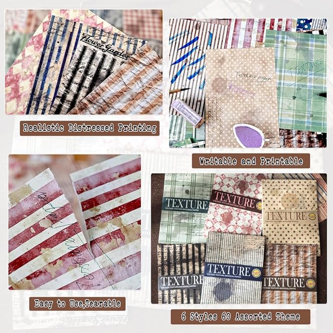 180 Sheets Vintage Stripe Pattern Scrapbook Paper, 3.9x5.5 Inch, 6 Assorted Set Background Decorative Paper Ephemera for Junk Journaling Supplies, Scrapbooking, Collage