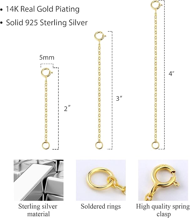3 Pcs 925 Sterling Silver Necklace Extenders for Women Durable Strong Removable Necklace Bracelet Anklet Extension Jewelry Making Chains