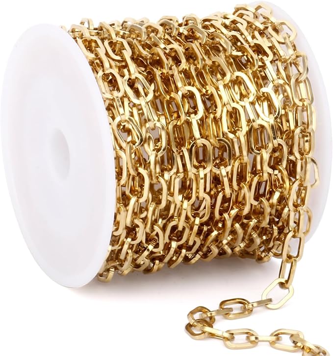 16.4Ft Paperclip Chains Rolls, Charm Necklace Chain 3.2mm Width，18K Gold Necklace Chain for Jewelry Making，Plated Charm Making kit with 10 Lobster Clasps and 60 Jump Rings