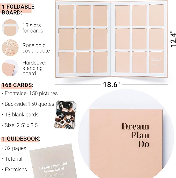 Vision Board Kit for Women - 168 Cards with Premium Pictures & Quotes, Foldable Board & Guide Book | Complete Manifestation Clip Art Craft Supplies for Adults | Original Dream Plan Do All-in-One Kit