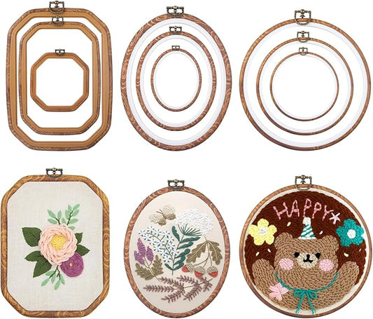 9 pcs embroidery hoop frame set decorative imitated wood embroidery hoop display frame for art craft sewing decorative ornaments, circle, oval, octagonal embroidery hoops