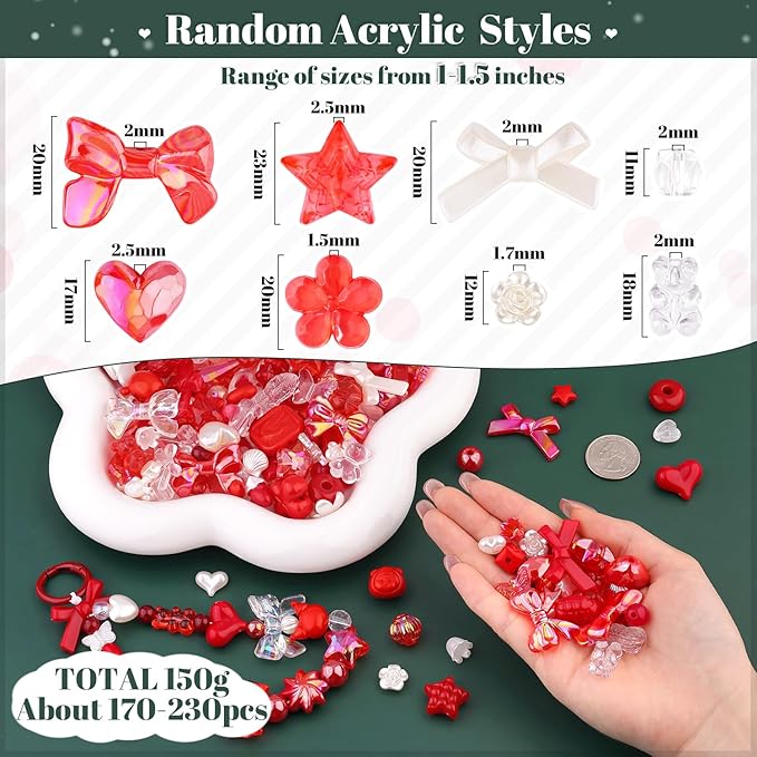 200-260pcs tinkrstuff assorted acrylic beads red cute beads for bracelet making, bow aesthetic gummybear flower candy butterfly kawaii charms for jewelry making diy necklace keychain phone charm