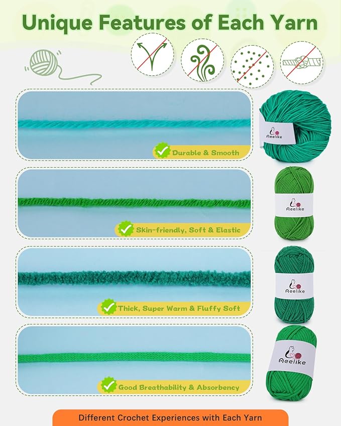 Aeelike Beginner Crochet Yarn Kit w 4 Different Materials Green Yarns (Polyester, Cotton, Acrylic, Milk Cotton,) & 2 Ergonomic Hooks (G&7), Ideal Starter Crochet Set for Beginners