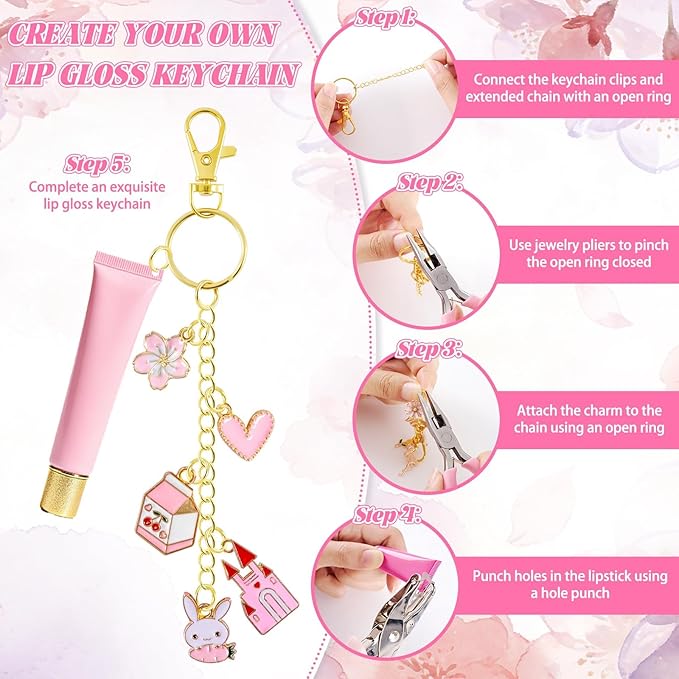 PYURTHITY 254 Pcs Pink Charms Lip Gloss Keychain Making Kit Include Pink Gold Enamel Charms Keychain Clips Extender Chains Jump Ring Plier DIY Jewelry Crafts Gifts for Women Adults