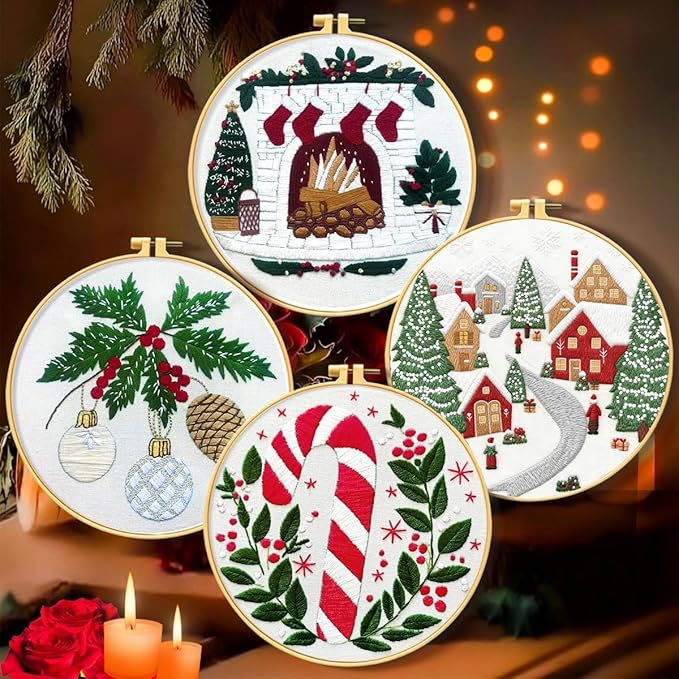 Zhenqing Christmas Embroidery Kit for Beginners - 4 Piece 29x29cm Round Designs with Embroidery Hoop, Threads & Tools (Snowy Cabin, Fireplace, Candy Cane, Holly)(C0066)
