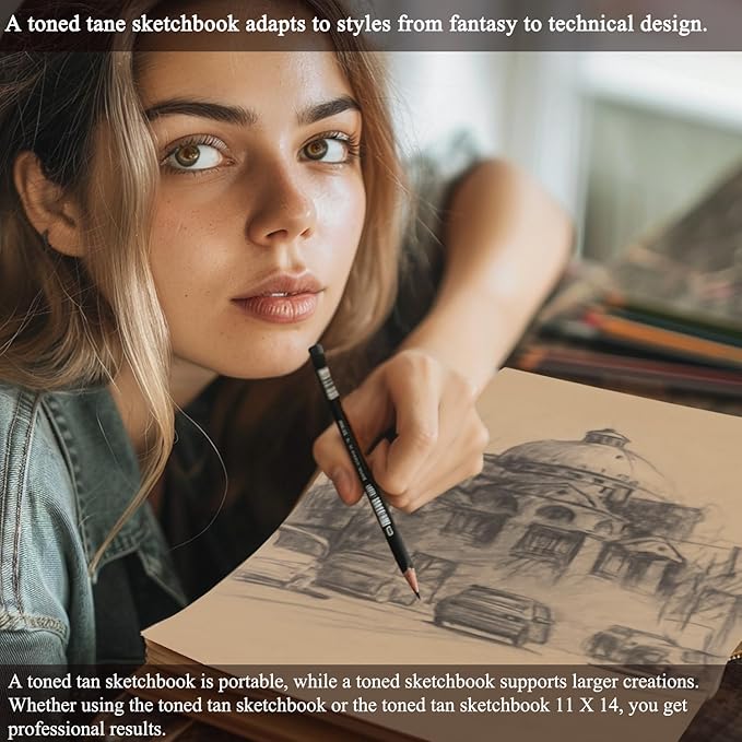 fuxi toned tan sketchbook 11x14 inch, 60 sheets, spiral bound - hard cover, acid-free drawing paper pad for artists, drawing, illustration & art students.