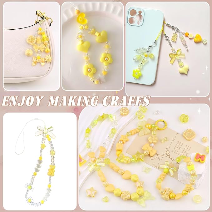 200-260pcs tinkrstuff assorted yellow acrylic beads for bracelet making,cute beads for jewelry making flower bow butterfly candy gummybear aesthetic bracelet charms, diy necklace keychain phone charm