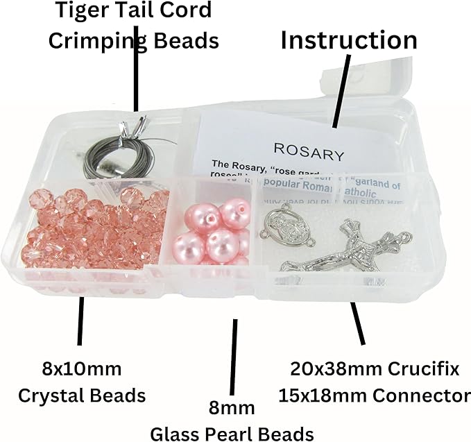 Linpeng Pink Crystal Bead Box Rosary Necklace DIY kit, Rhodochrosite