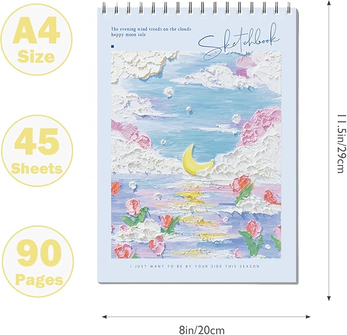 Cute Sketchbook with Blue Cover 8 x 11.5 - Sketchbook for Drawing Spiral Bound, 45 Sheets (90 Pages) 68lb/100gsm Sketch Pad - Sketch Book Ideal for Artists, Adults & Beginners (Blue)