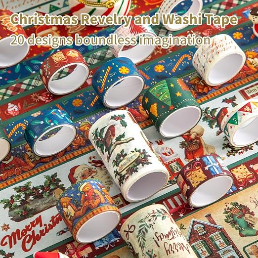 Christmas Theme Washi Tape Set, 20 Rolls Christmas Theme Washi TapeWritable Decorative Tapes for Scrapbooking, Junk Journal Supplies, Bullet Journaling, 0.6"x79" per Roll