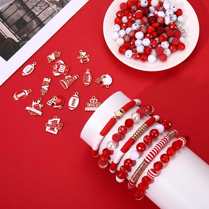 2200PCS+ Game Day Beads Charms for Bracelet Making Polymer Clay Beads Crystal Pearl Letter Gold Spacer Beads Football Charms for Game Day Bracelet Necklace Making DIY Crafts