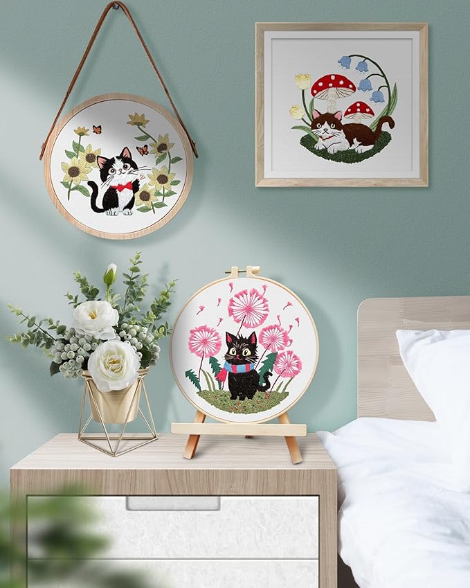 TINDTOP Embroidery Kit for Adults, Cat Embroidery Practice Kit for Beginners Include Embroidery Cloth Hoops Threads for Craft Lover Hand Stitch with Embroidery Skill Techniques