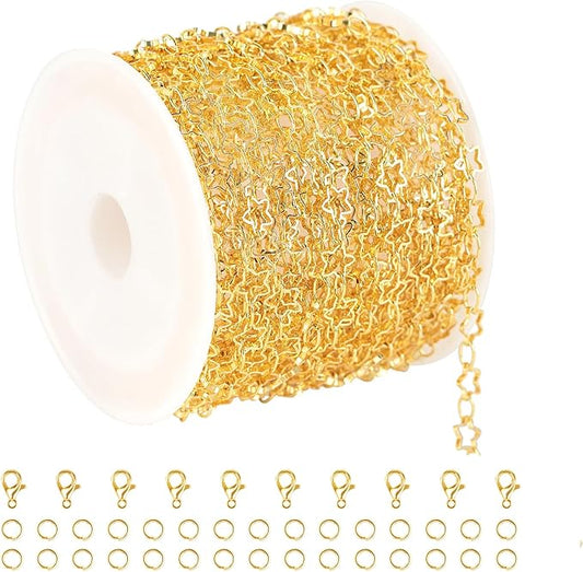 KYUNHOO 5 Meters Necklace Chains for Jewelry Making Hollow Star Link Chain on Spool 18K Gold Plated Jewelry Chain Roll with Lobster Clasps Jump Rings Handmade Craft Making Supplies