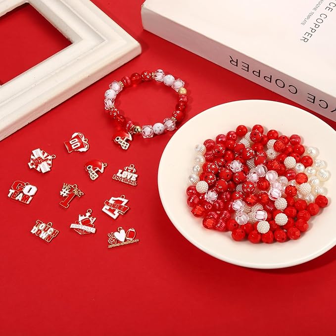 NVENF 3000PCS+ Game Day Beads Charms for Bracelets Necklace Making Clay Beads Football Charms for Game Day Bracelets Necklace Making DIY Crafts (Red White)