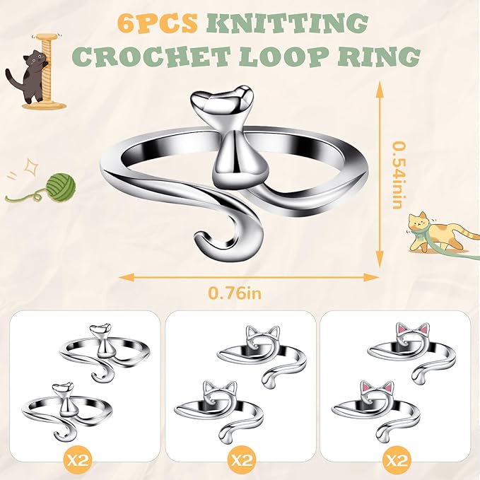 6pcs Knitting Crochet Loop Ring for Fingers Metal Open Yarn Guide Crochet Rings Adjustable Braided Faster Knitting Thimbles Holders Accessories for Crochet Mother Grandma Gifts