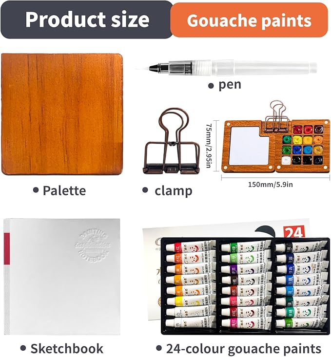 Portable Mini Set - 24 Color Travel Watercolor Kit with Nano Palette, Wooden Grid Paint Box, Watercolor Pens & Binder Clips | Pocket Artist Painting Supplies for Adults, Artists, Students