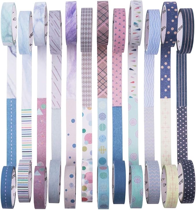 YUBBAEX 24 Rolls Washi Tape Set Basic Skinny Masking Decorative Tapes for Arts, DIY Crafts, Journals, Planners, Scrapbooking, Wrapping (Basic Patterns)