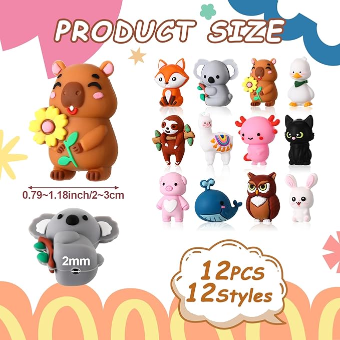 12 Pcs 3D Silicone Focal Beads Pens Beads Bulk for Beadable Keychain DIY Crafts Necklace Bracelet Phone Chain Charms Jewelry Making (Animals B)