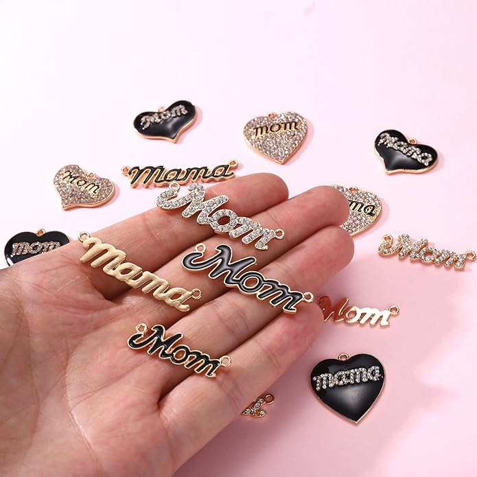 18/20PCS Mama Charms for Jewelry Making Rhinestone Heart Birthday Mother’s Day Charms Letter Mama Mom Pendants for Necklace Bracelet Making DIY Crafts