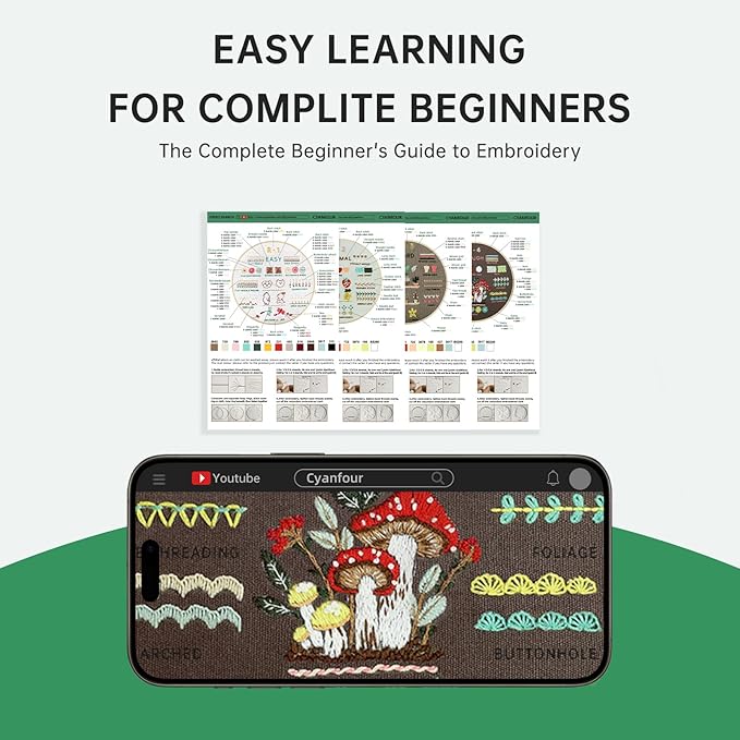 CYANFOUR Embroidery Kit for Beginners, 4 Stages to Learn 38 Stitches, with Step-by-Step Instructions and Clear Videos, Includes Multiple Accessories, Gift for Craft Lovers.