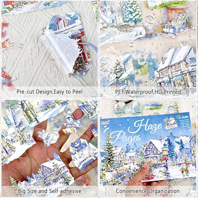 Transparent PET Winter Landscape Sticker Book for Journaling, 20 Sheets Large Pre-Cut Scenery Stickers for Scrapbooking Supplies, Collage Decorative, 9.25 x 6.58 inches
