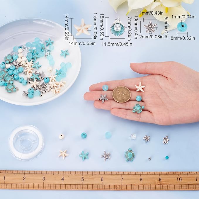 SUNNYCLUE 1 Box DIY 6Pcs Bohemian Style Synthetic Turquoise Turtle Bead Starfish Beads 8mm Beading Bracelet Making Kit Tortoise Beads for Jewelry Making Kit Multi Layer Bracelets Anklets Women Craft