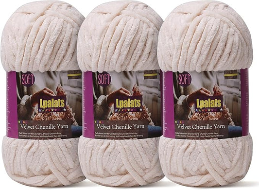 Baby Blanket Yarn for Crocheting Soft - 3 Pack of 100g/3.5oz Chunky Chenille Yarn for Knitting Blankets Amigurumi - Super Bulky Yarns - 261 Yards Thick Plush Yarns (3, Khaki)