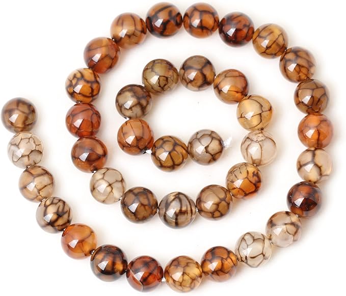 35PCS 10mm Coffee Dragon Vein Agate Gemstone Round Loose Beads for Jewelry Making 1 Strand 15"