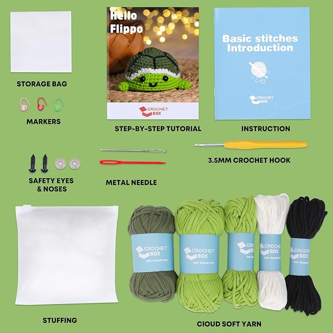 CrochetBox Crochet Kit for Beginners Adults - Turtle Starters Crochet Kit, Beginners Crocheting Kitting for Adults Teen, Craft Gifts with Crochets Yarns, Hook, Step-by-Step Video, Instruction