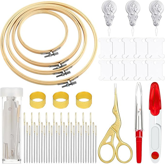 Mudder 53 Pieces Cross Stitch Tool Embroidery Starter Kit Includes Bamboo Circle Cross Stitch Hoop Ring Sewing Scissors Needle Threading Tools Thimbles Floss Bobbins Seam Ripper and Embroidery (Red)