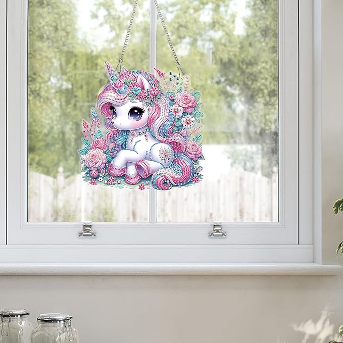 AiYuanzsh Pink Unicorn Special Shape Diamond Painting Hanging Kit for Adults, 5D Crystal Rhinestone Diamond Art Ornament Fantasy Floral Design for Window Wall Home Decor